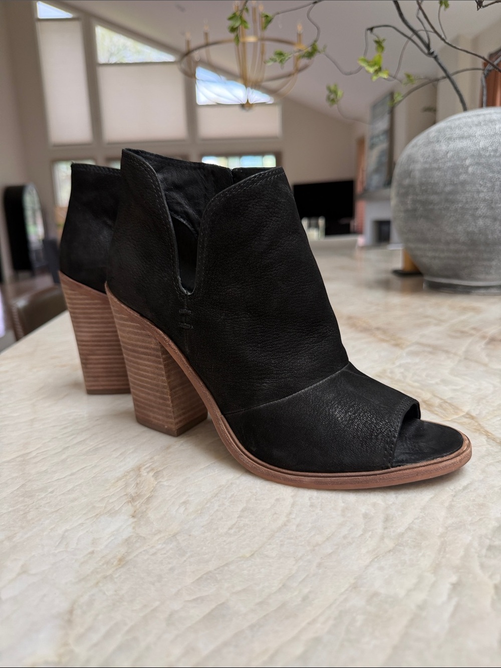 Vince Camuto Black Open-Toe Stacked Heel Booties